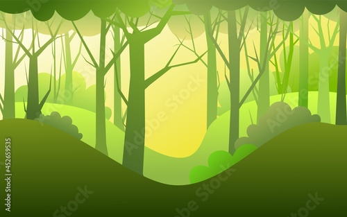 Forest trees vector. Dense wild plants with tall, branched trunks. Summer green landscape. Flat design. Cartoon style. Vector