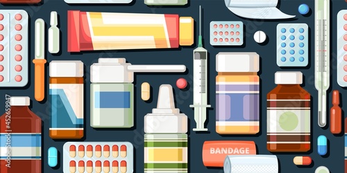 Medicines seamless pattern. Illustration with pills. Concurrency. Medicinal drugs. Pharmaceuticals. Ambulance. Pharmacy. Dark background. Flat design. Vector