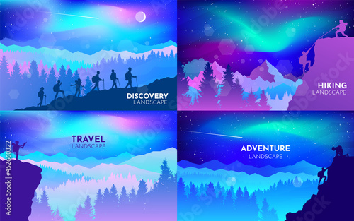 Northern Lights, Aurora in the Arctic, Night boreal. Travel concept of discovering, exploring, observing nature. Hiking tourism. Adventure. Minimalist graphic flyers set. Polygonal flat design. Vector