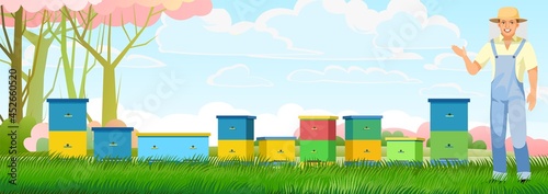 Apiary. Bee hive in a summer meadow. Beekeeper horizontal illustration with beehive. Among the flowering garden trees. Beekeeper in overalls and a mesh hat. Vector