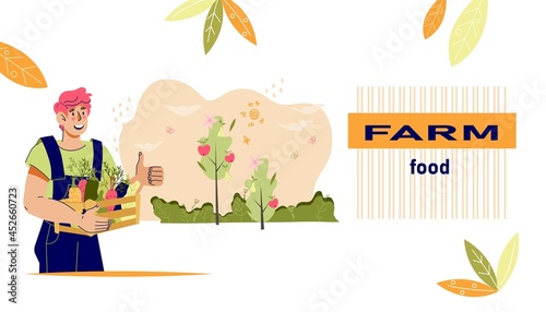 Farm food and organic fresh vegetables, local farm production delivery web  banner with character of farmer. Farm market or fair, vegetarian store web or  mobile site, cartoon vector illustration.
