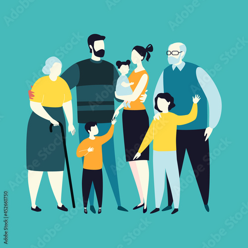 Big happy multi-generational family siblings relatives portrait. Parents with children, grandparents and grandchildren. Vector illustration in flat cartoon style.