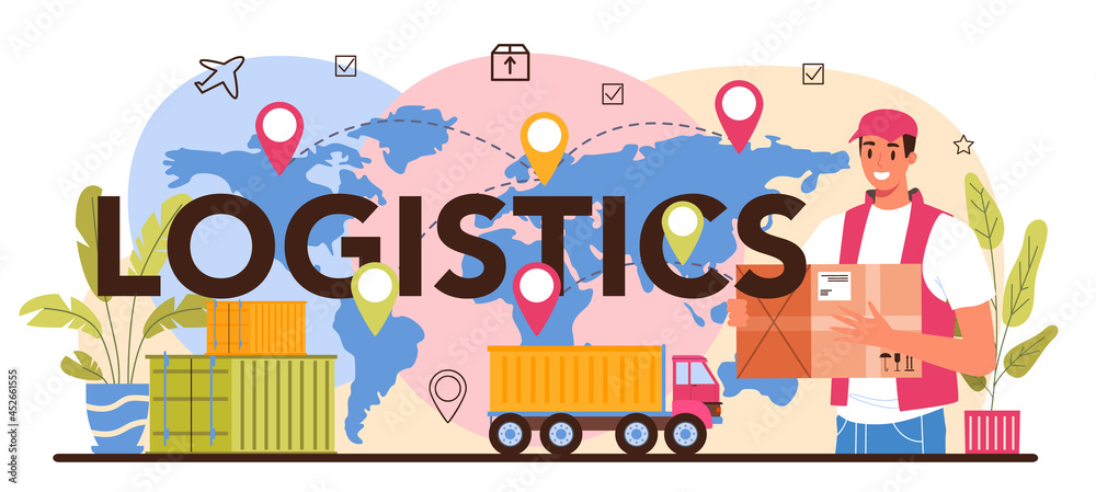 Logistics typographic header. Idea of transportation and distribution Logistics typographic header. Idea of transportation and distribution