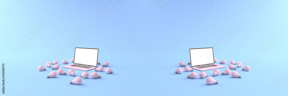 3D rendering of pink laptop white screen surrounded by Many pink light bulbs placed on a pastel blue floor. Concept of money and Business on laptop, Creative idea on laptop,isolated on blue background 3D rendering of pink laptop white screen surrounded by Many pink light bulbs placed on a pastel blue floor. Concept of money and Business on laptop, Creative idea on laptop,isolated on blue background
