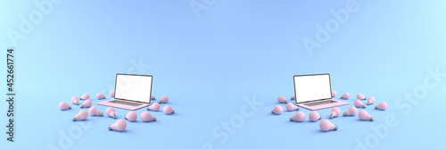 3D rendering of pink laptop white screen surrounded by Many pink light bulbs placed on a pastel blue floor. Concept of money and Business on laptop, Creative idea on laptop,isolated on blue background