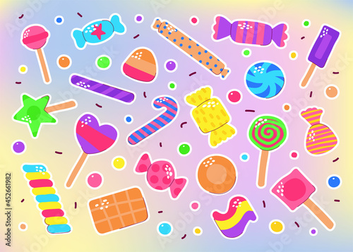 Cute color candy sticker set. Sugar Sweets on gradient background. Gummy, Chocolate, Caramel, Lollipops, Jelly, Peppermint, Marmalade, Drops of different shapes. Vector cartoon funny illustration