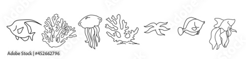 A set of minimalistic linear sketches in the style of a marine theme  starfish  corals  jellyfish and tropical fish. Executed by black line without background