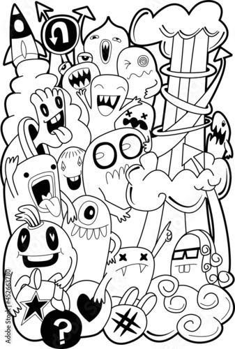 Funny monsters Doodle Cute background. coloring book Vector illustration
