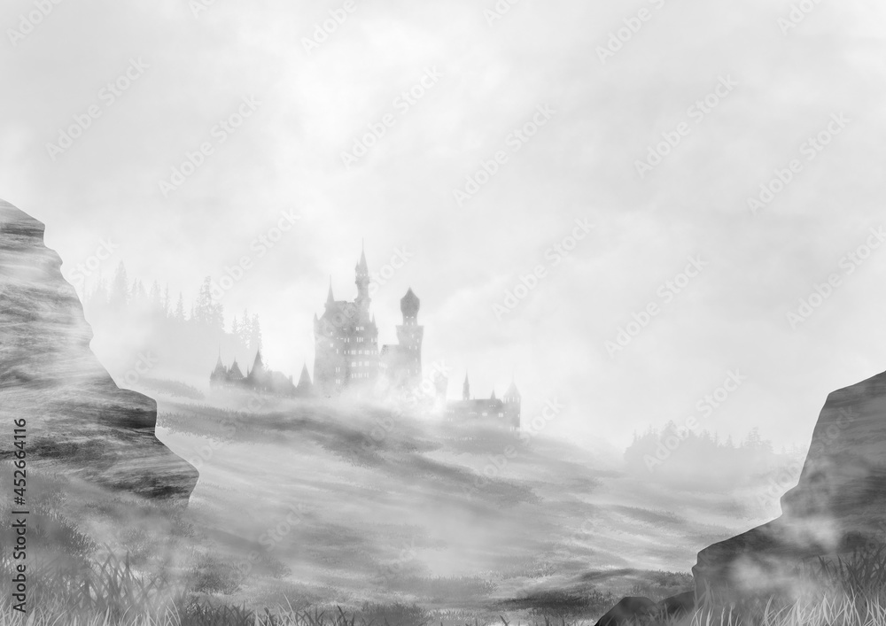 霧の中の草原と城のイラスト Stock Illustration Adobe Stock