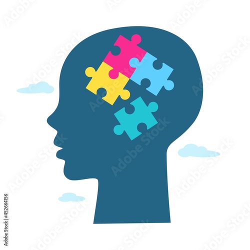 Child head silhouette with colorful puzzles, clouds isolated on white background. World autism awareness day. Health care concept. Design for infographic, banner, card.