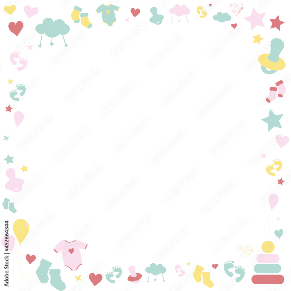 Baby newborn corner decor of an empty frame pattern background. Kids cartoon doodle toys. Baby shower invitation. The icons are set. Collection of newborns. Baby care Baby newborn corner decor of an empty frame pattern background. Kids cartoon doodle toys. Baby shower invitation. The icons are set. Collection of newborns. Baby care