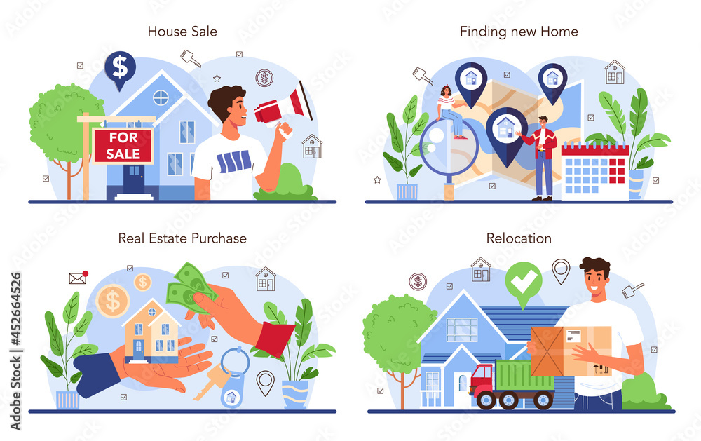 Real estate agency service set. Relocation, a new house buying Real estate agency service set. Relocation, a new house buying