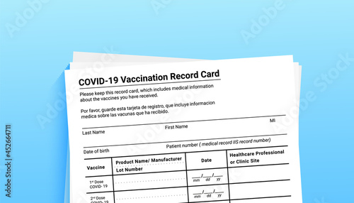 immunization certificate. Coronavirus vaccination record card on a blue background with copy space for travel and movement without borders. Vaccination form during the coronavirus covid 19 epidemic