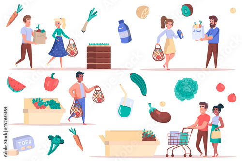 Grocery shopping isolated elements set. Bundle of men and women with bags and trolleys buy food, vegetables and fruits lie on counters. Creator kit for vector illustration in flat cartoon design