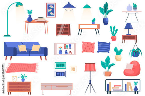 Furniture, house plants and decor isolated elements set. Bundle of sofa with pillows, tables, lamps, pillows, shelves, paintings and other. Creator kit for vector illustration in flat cartoon design