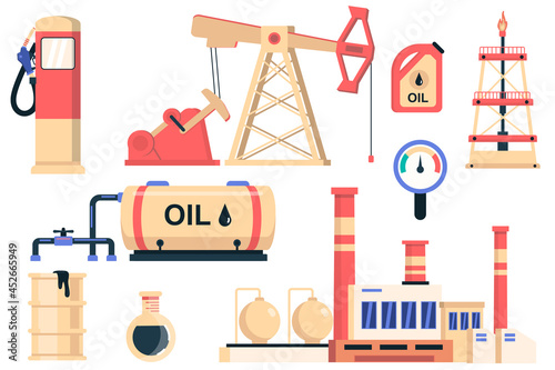 Oil industry isolated elements set. Bundle of gas station, fuel canister, oil barrel, production machines, production plant and other. Creator kit for vector illustration in flat cartoon design