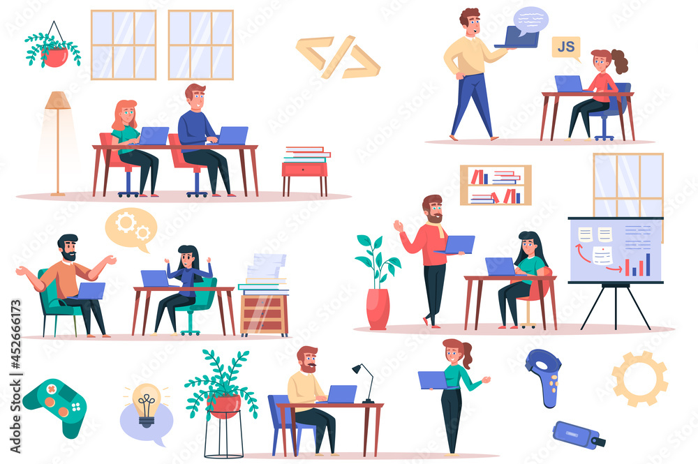 Game developer working isolated elements set. Bundle of men and women programmers write code, customize application, work in gaming industry. Creator kit for vector illustration in flat cartoon design