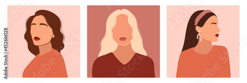 Set of abstract woman portraits.  Hand drawn vector illustration. Collection of contemporary art posters.