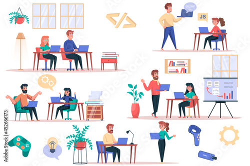 Game developer working isolated elements set. Bundle of men and women programmers write code, customize application, work in gaming industry. Creator kit for vector illustration in flat cartoon design
