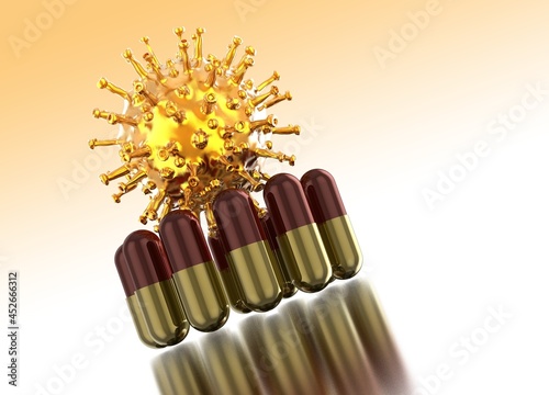 Coronavirus particle and capsules, illustration photo
