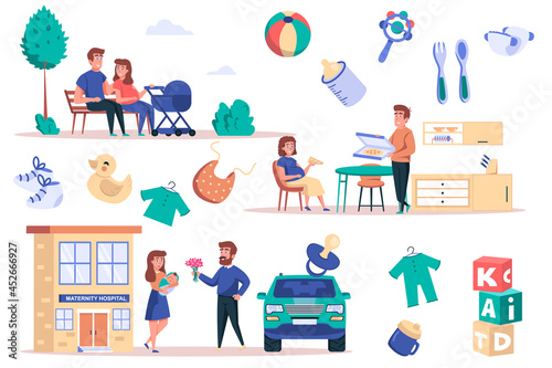 Pregnancy isolated elements set. Bundle of mom and dad with newborn sitting in park, pregnant woman eating pizza, childbirth in hospital. Creator kit for vector illustration in flat cartoon design