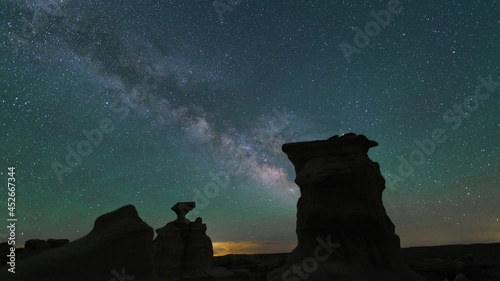 Time lapse pan of Milky Way galaxy over hoodoos at Valley of Dreams in Bisti Wilderness in New Mexico photo