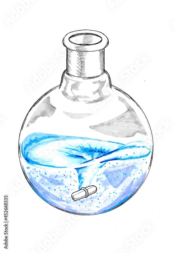 Round bottom flask with stir bar, illustration photo