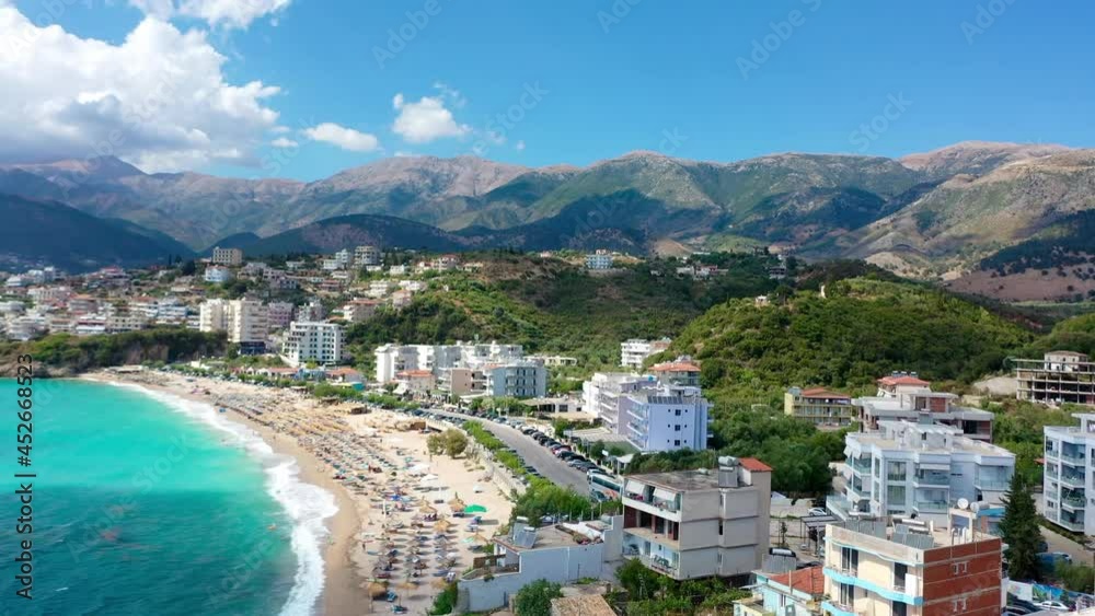 Birdseye view of Himara Beach and Adriatic Sea. Beautiful water Albania Riviera Birdseye view of Himara Beach and Adriatic Sea. Beautiful water Albania Riviera