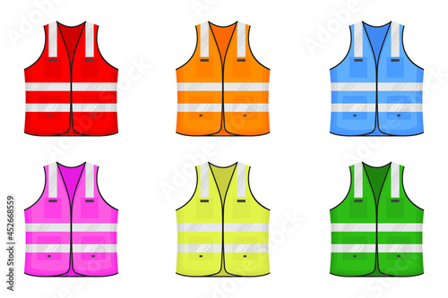 Safety reflective vest icon sign flat style design vector illustration. Various color fluorescent security safety work jacket reflective stripes. Front view road uniform vest isolated white background