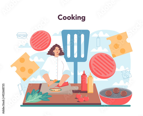 Fast food, burger house concept. Chef cook tasty hamburger