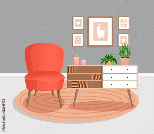 Cute gray interior with modern furniture and plants. Design of a cozy living room with soft chair, plants, pictures, carpet, dressers and books. Vector flat style illustration.