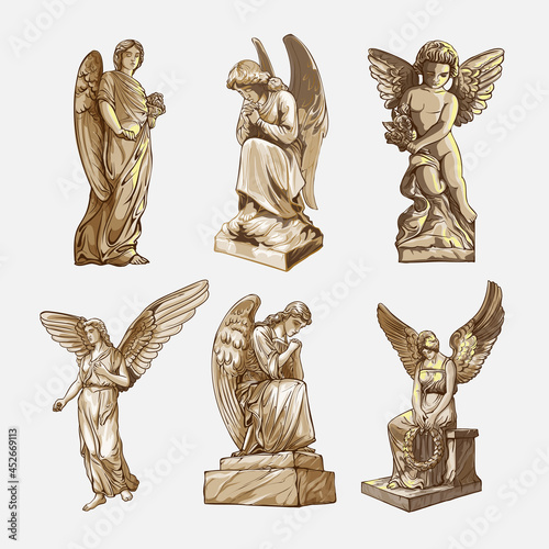 Set off Crying praying Angels sculptures with wings. Monochrome illustration of the statues of an angel. Isolated. Vector illustration