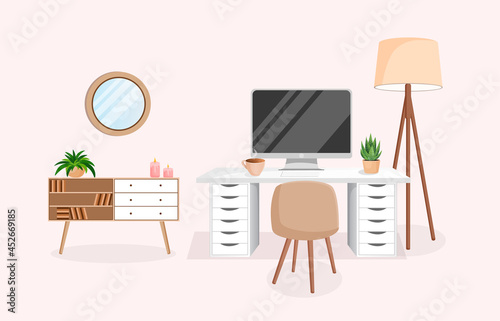 Cozy workplace with houseplants. Modern interior for home office with computer, cabinet, remote work, freelance, education. Vector illustration in flat cartoon style. Comfortable workspace and room.