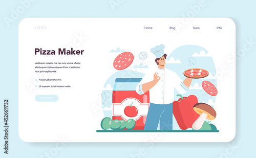 Pizzeria web banner or landing page. Chef cooking tasty delicious pizza