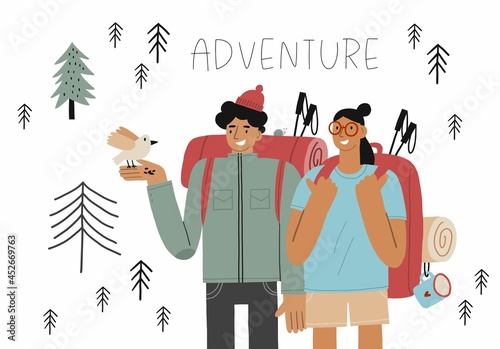 People camping flat vector illustrations. Tourists,  travelers cartoon characters. Adventure trip vector illustrations.