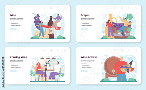 Wine web banner or landing page set. Grape wine in a bottle