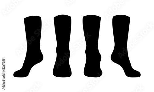 Black socks template mockup flat style design vector illustration set isolated on white background. Long black socks with different angles mockups.
