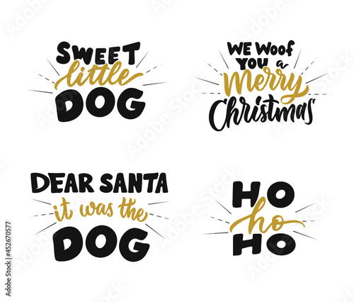 The set of winter quote about Merry Christmas and love dog. The retro phrase and saying is good for holiday designs. The vintage text with rays is a vector illustration