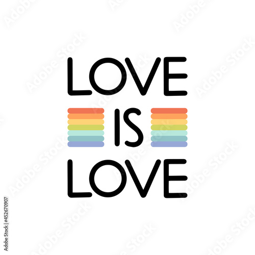 LOVE IS LOVE handwritten inscription. Modern logo, banner, design concept, sign on a flat black background.