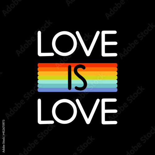 LOVE IS LOVE handwritten inscription. Modern logo, banner, design concept, sign on a flat black background.