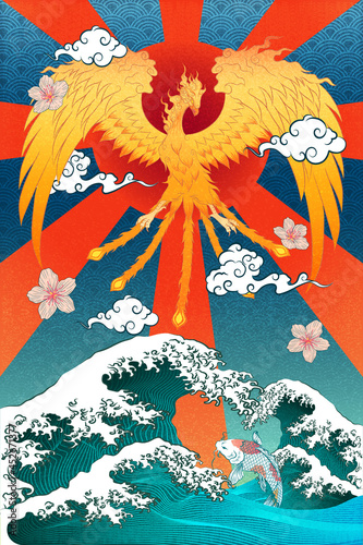 Abstract Art Flying Phoenix with Water Splash with Moving Cloud with Scattering Sakura Flower and the Torrential wave with Carp KOI Fish below on Water Wave Pattern Template Design for Wrapping Paper