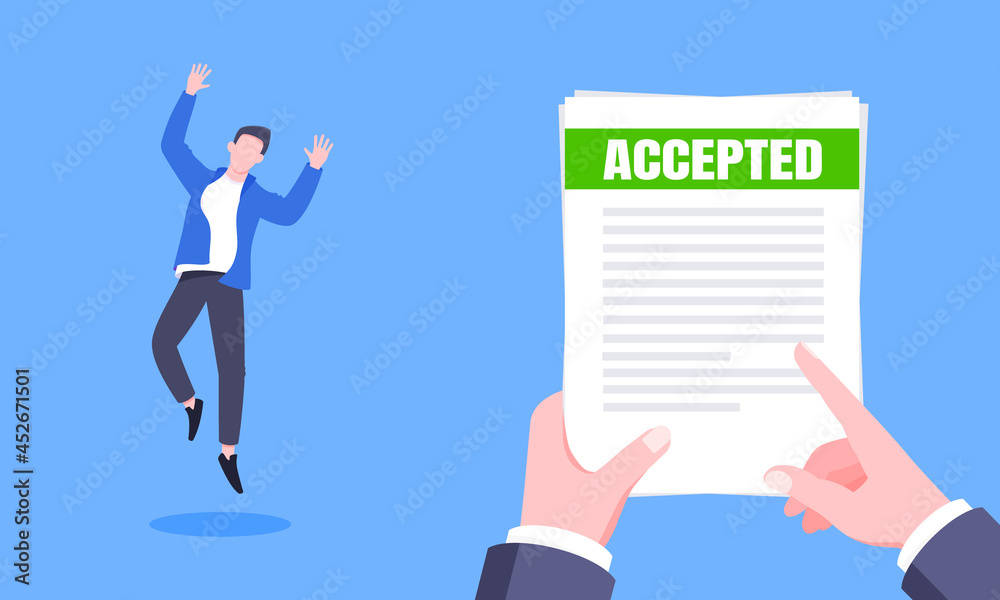 Job or university acceptance letter with envelope and paper sheets document email. Employment offer, college acceptance success or business email form flat style design vector illustration. Job or university acceptance letter with envelope and paper sheets document email. Employment offer, college acceptance success or business email form flat style design vector illustration.