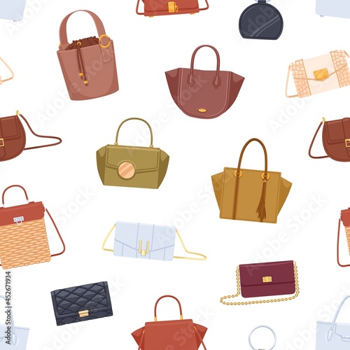 Seamless pattern with different women bags, handbags, purses and clutches on white background. Endless repeating wrapping design with modern fashion accessories. Flat vector illustration for printing