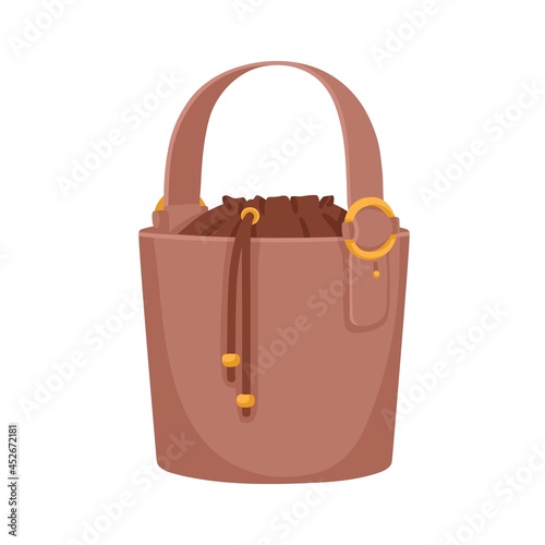 Fashion bucket bag with adjustable strap and drawstrings. Women soft leather and textile handbag with single handle and gold buckle. Colored flat vector illustration isolated on white background