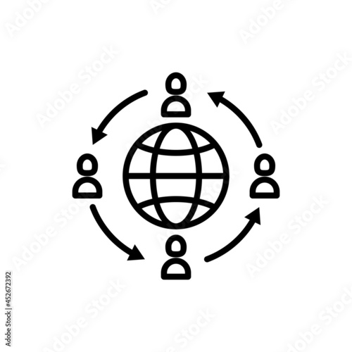 Immigration thin line icon, people moving around globe. Modern vector illustration.