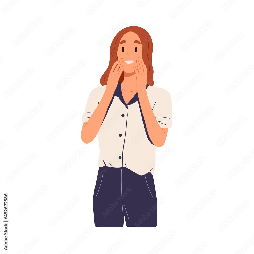 Excited woman with surprised and amazed face expression. Enchanted person's reaction to unexpected wonder. Astonishment and wow effect concept. Flat vector illustration isolated on white background