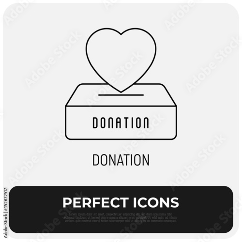 Donation thin line icon. Heart falls in donation box. Symbol of charity. Modern vector illustration.