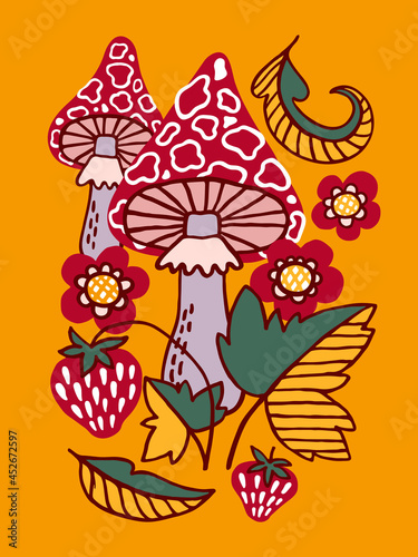 Composition with mushrooms and flowers. Folk style. 