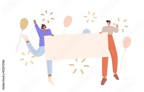 Happy people holding blank banner with place for text. Cheerful man and woman with empty placard in hands. Male and female at demonstration. Flat vector illustration isolated on white background
