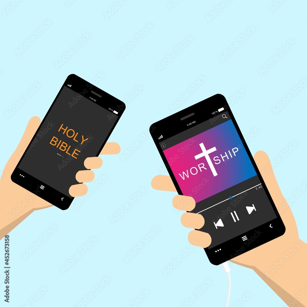 Vector illustration of christian people listen to worship song and read ...